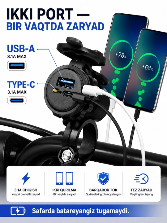 Мото USB Type-C зарядное устройство 3.1A 12-24В, влагозащищенное, с выключателем