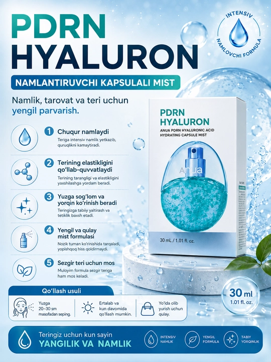 Anva PDRN Hyaluronic Acid Hydrating Capsule Mist namlantiruvchi yuz spreyi, 30 ml - 