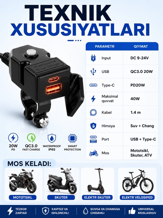 Mototsikl uchun USB + Type-C PD20W QC3.0 tezkor zaryadlovchi, 9-24V, suvdan himoyalangan - 
