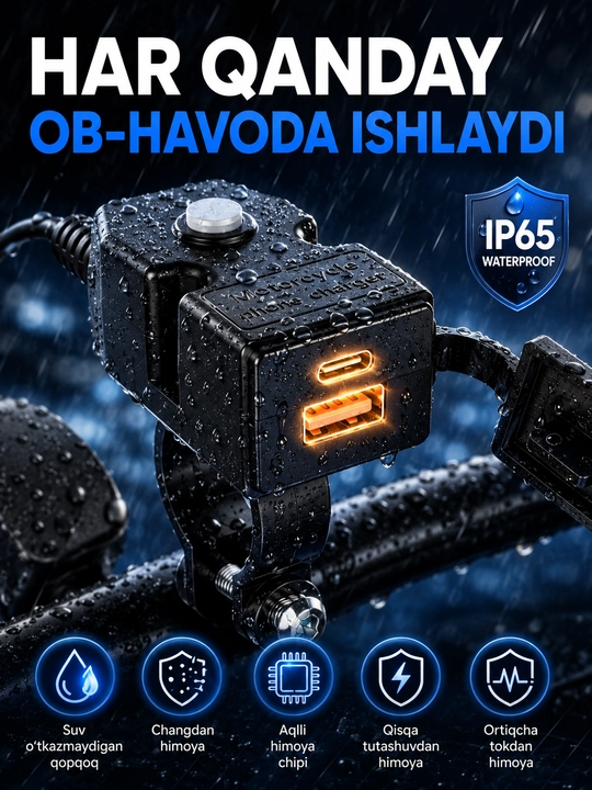 Mototsikl uchun USB + Type-C PD20W QC3.0 tezkor zaryadlovchi, 9-24V, suvdan himoyalangan