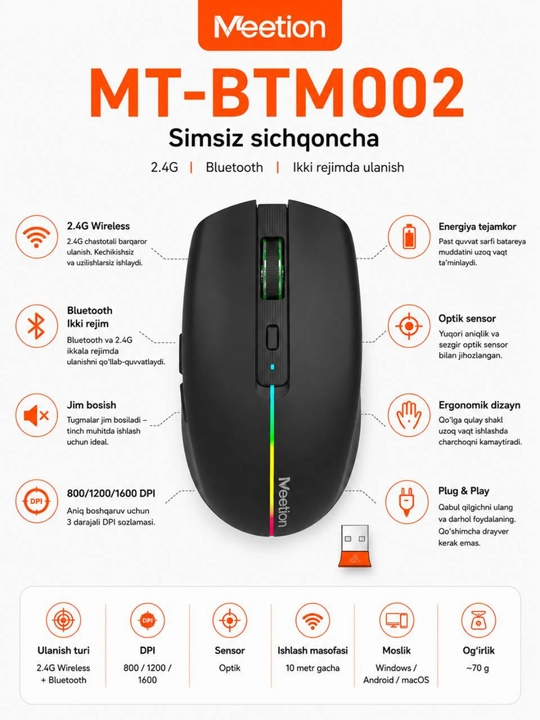 Мышь Meetion MT-BTM002 двух режимов подключения: 2.4 ГГц и Bluetooth - 