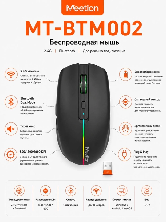 Мышь Meetion MT-BTM002 двух режимов подключения: 2.4 ГГц и Bluetooth