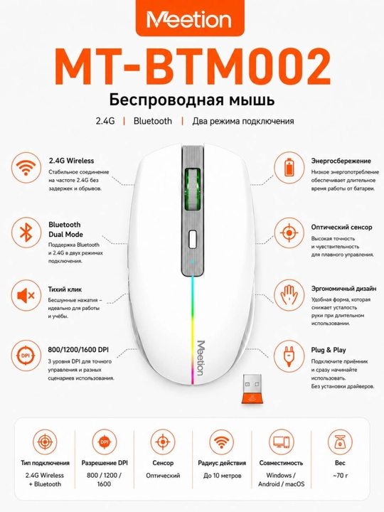 Мышь Meetion MT-BTM002 двух режимов подключения: 2.4 ГГц и Bluetooth