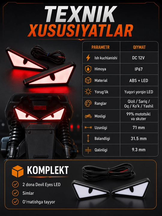 Универсальный LED фонарь Devil Eyes 12V IP67 для мотоцикла и скутера, 2 шт