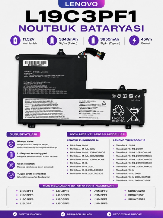 Lenovo L19C3PF1 noutbuk batareyasi (11.52V, 45Wh) - 