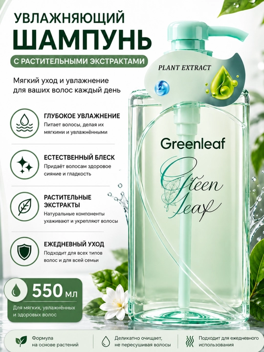 Увлажняющий шампунь, Greenleaf, растительные экстракты, 550 мл - 