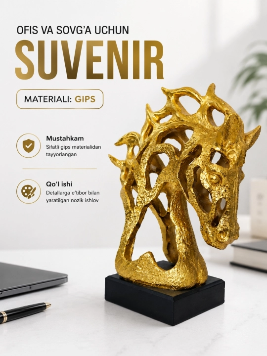 Oltin Ot Haykalchasi Suvenir, Gips Dekor, Ofis va Uy Interyeri uchun - 