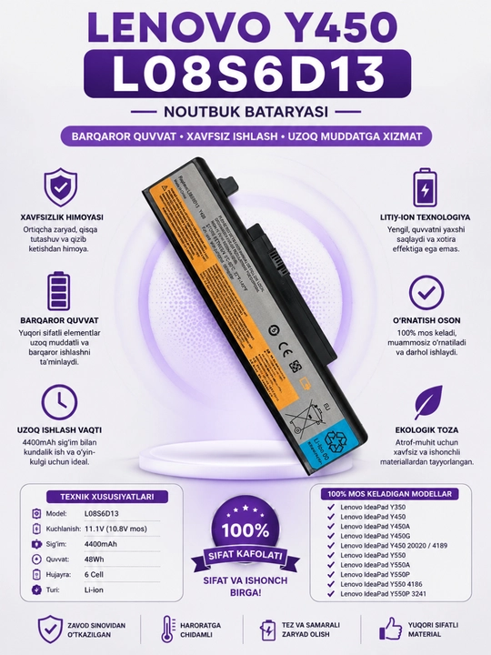 Lenovo Y450 L08S6D13 batareyasi - 