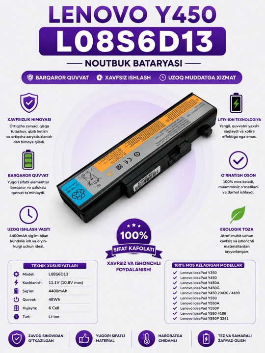 Lenovo Y450 L08S6D13 batareyasi