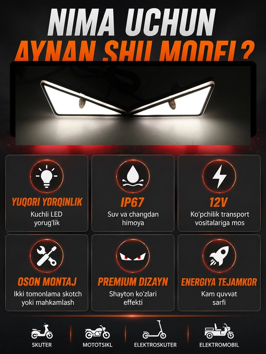 Универсальный LED фонарь Devil Eyes 12V IP67 для мотоцикла и скутера, 2 шт