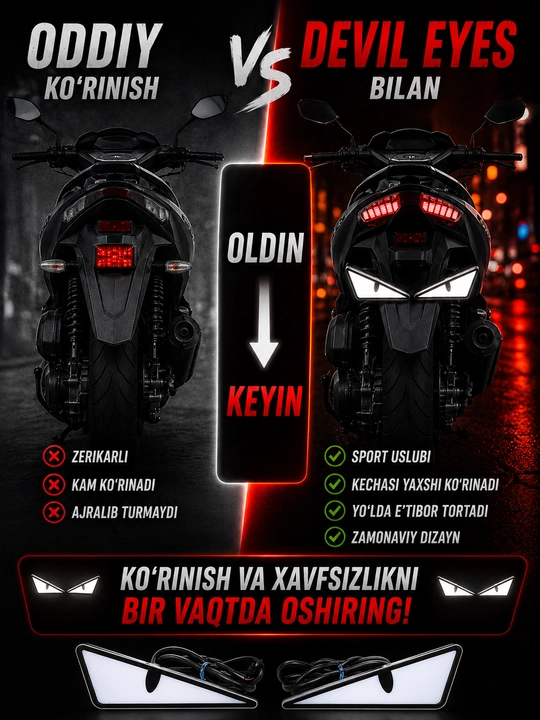 Универсальный LED фонарь Devil Eyes 12V IP67 для мотоцикла и скутера, 2 шт