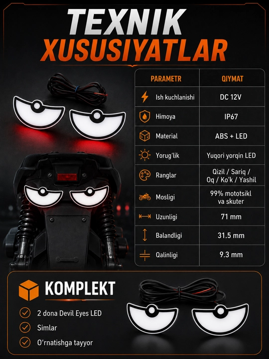 Универсальный LED фонарь Devil Eyes 12V IP67 для мотоцикла и скутера, 2 шт