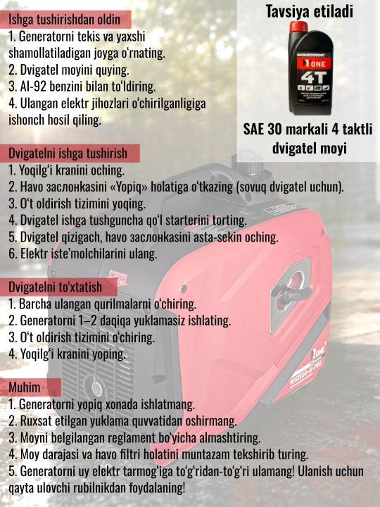 Benzinli invertorli generator bir fazalik NUMBER ONE NIG3500-iS-PRO max 3.0 kVt