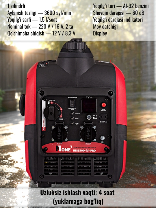 Benzinli invertorli generator bir fazalik NUMBER ONE NIG3500-iS-PRO max 3.0 kVt