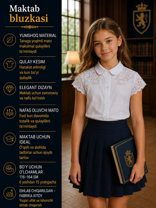 Qizlar uchun uzun va kalta yengli maktab bluzkalari, 16 tur - 