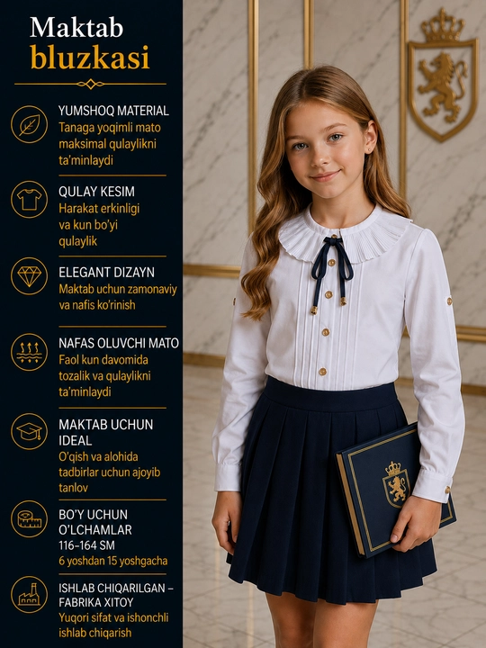 Qizlar uchun uzun va kalta yengli maktab bluzkalari, 16 tur - 