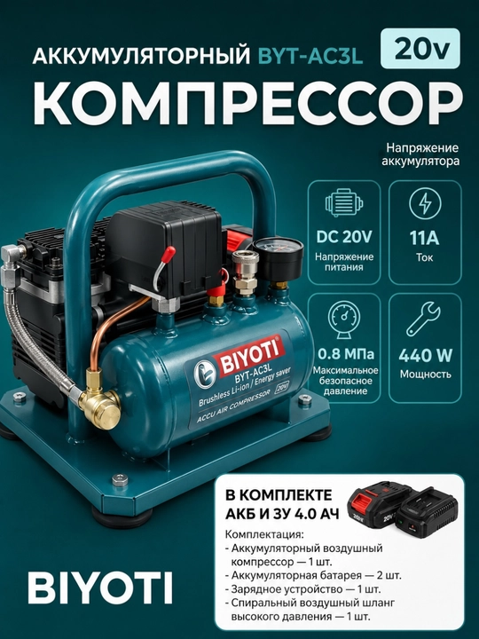 Akkumulyatorli cho'tkasiz havo kompressori BIYOTI BYT-AC3L (20V, 440W, 2.5L) - 