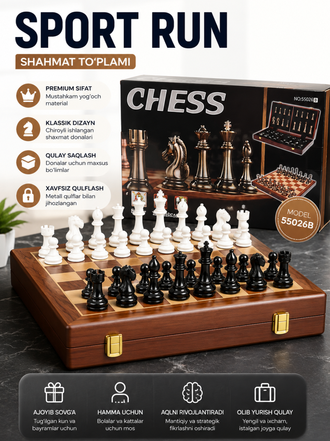 Yog‘och qutidagi premium shaxmat to‘plami, klassik dizayn Model: 55026B - 