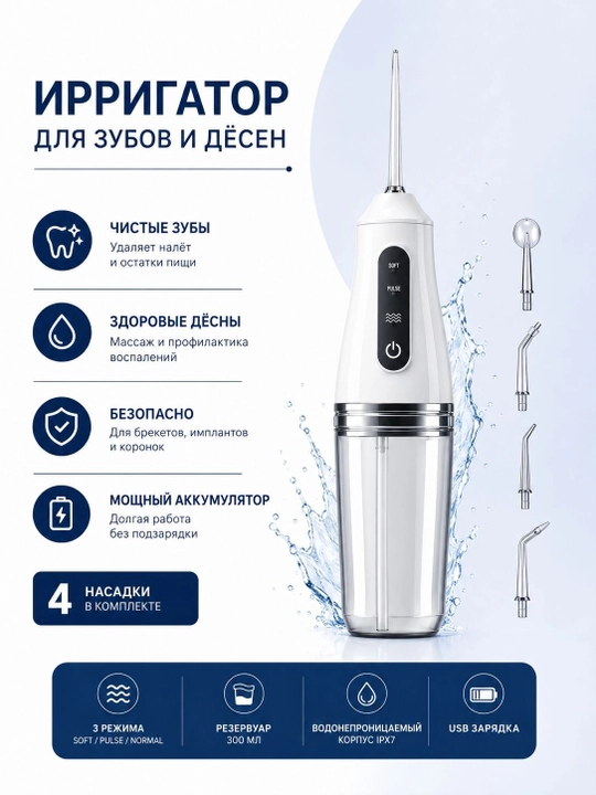 Ирригатор для зубов и полости рта, 4 насадки, 300 мл