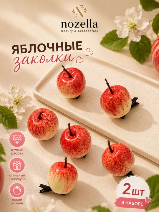 Заколки яблочки, клубнички, лампочка, 2 шт, для волос, фруктовые заколки ручной работы - 