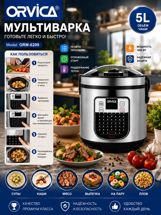 ORVICA ORM-6209 5l, multivarka, tez va osson