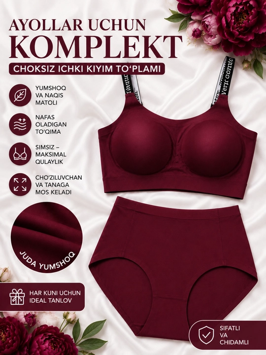 Komplekt  ichki kiyim ayollar uchun choksiz, sutyen va baland belli kulot - 