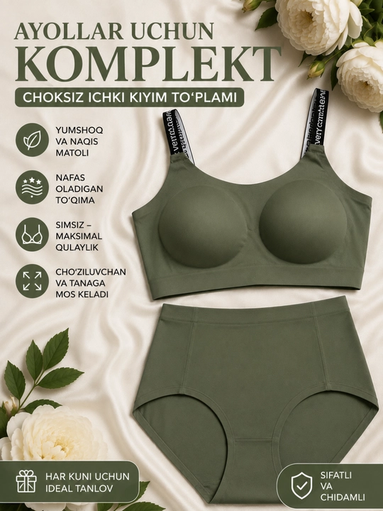 Komplekt  ichki kiyim ayollar uchun choksiz, sutyen va baland belli kulot - 