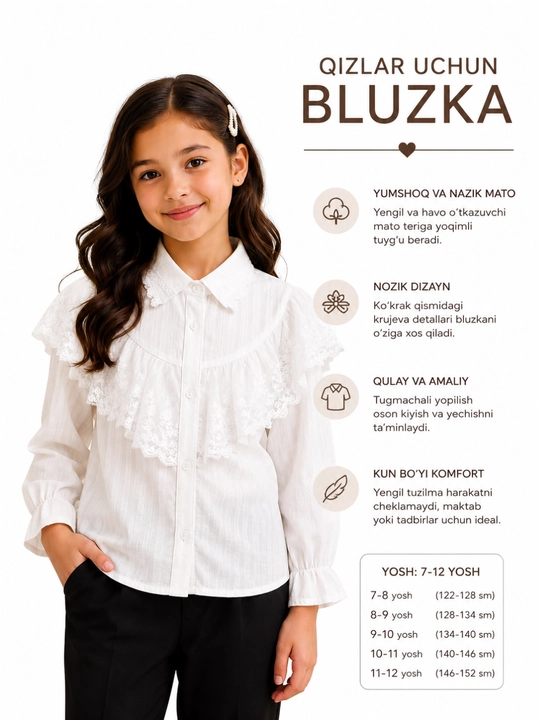 Qizlar uchun oq dantelli volanli bluzka uzun yeng maktab kiyimi 7–12 yosh