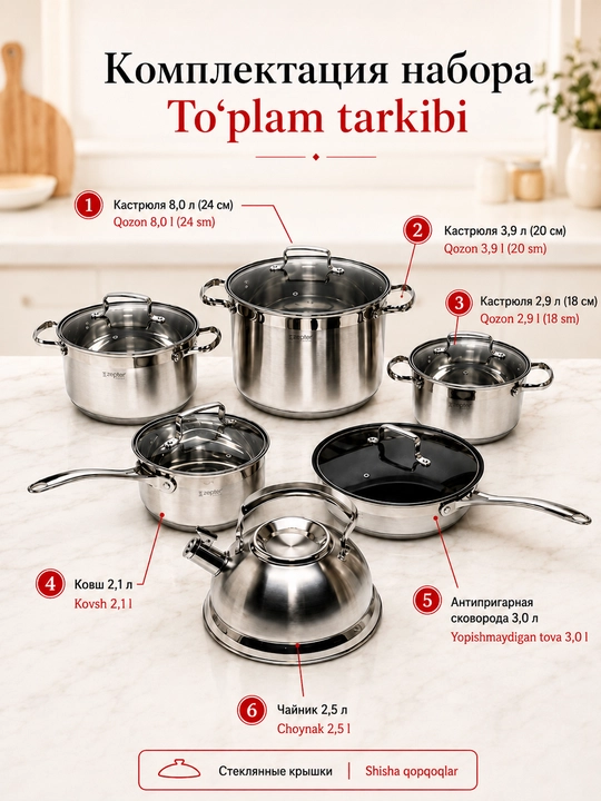 Zepter idishlar to‘plami, 6 qism, zanglamas po‘latdan