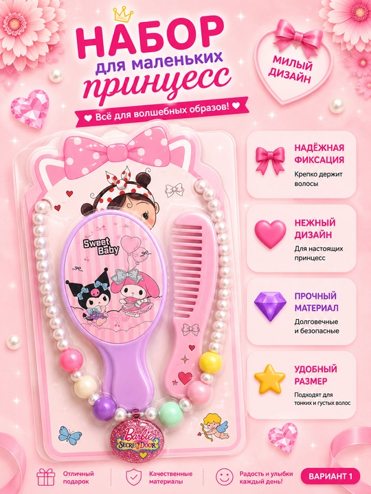 Qizchalar uchun oyna va taroq, kole 3 tasi 1 da to'plami - 