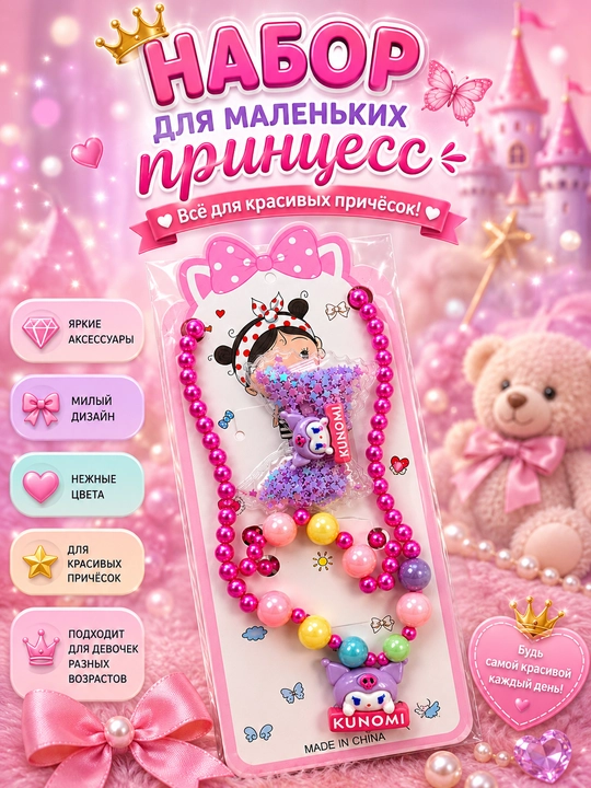 Qizchalar uchun KUNOMI 3in1 to'plami, kole, braslet, klipsa - 