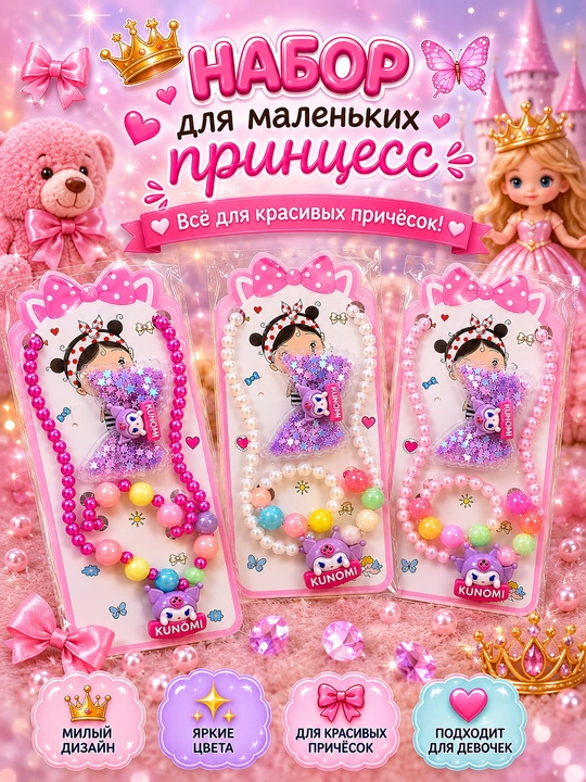 Набор KUNOMI «3 в 1» для девочек: ожерелье, браслет и заколка для волос
