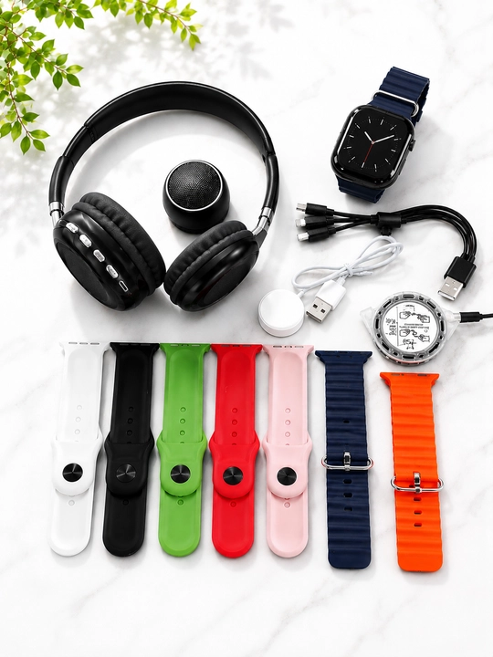 Aqlli soat va Bluetooth quloqchin sovg‘a to‘plami, 7 ta remenli, qora - 
