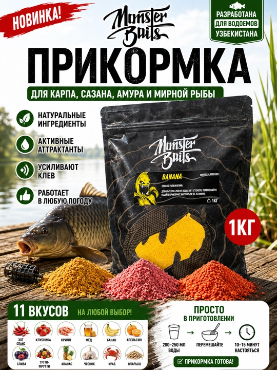 Monster Baits karp, sazan va feeder uchun baliq yemi, 1 kg - 