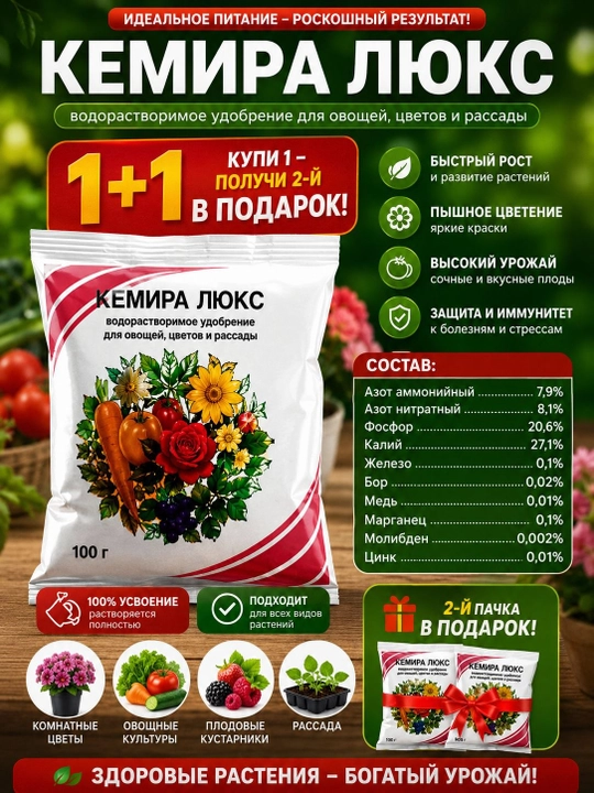 Кемира Люкс удобрение для овощей цветов, рассады, водорастворимое, комплексное 100г - 