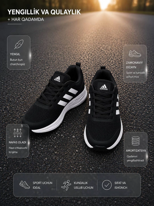 Adidas original uslubidagi krossovka, Made in Vietnam, yengil sport poyabzali, 36–40 - 
