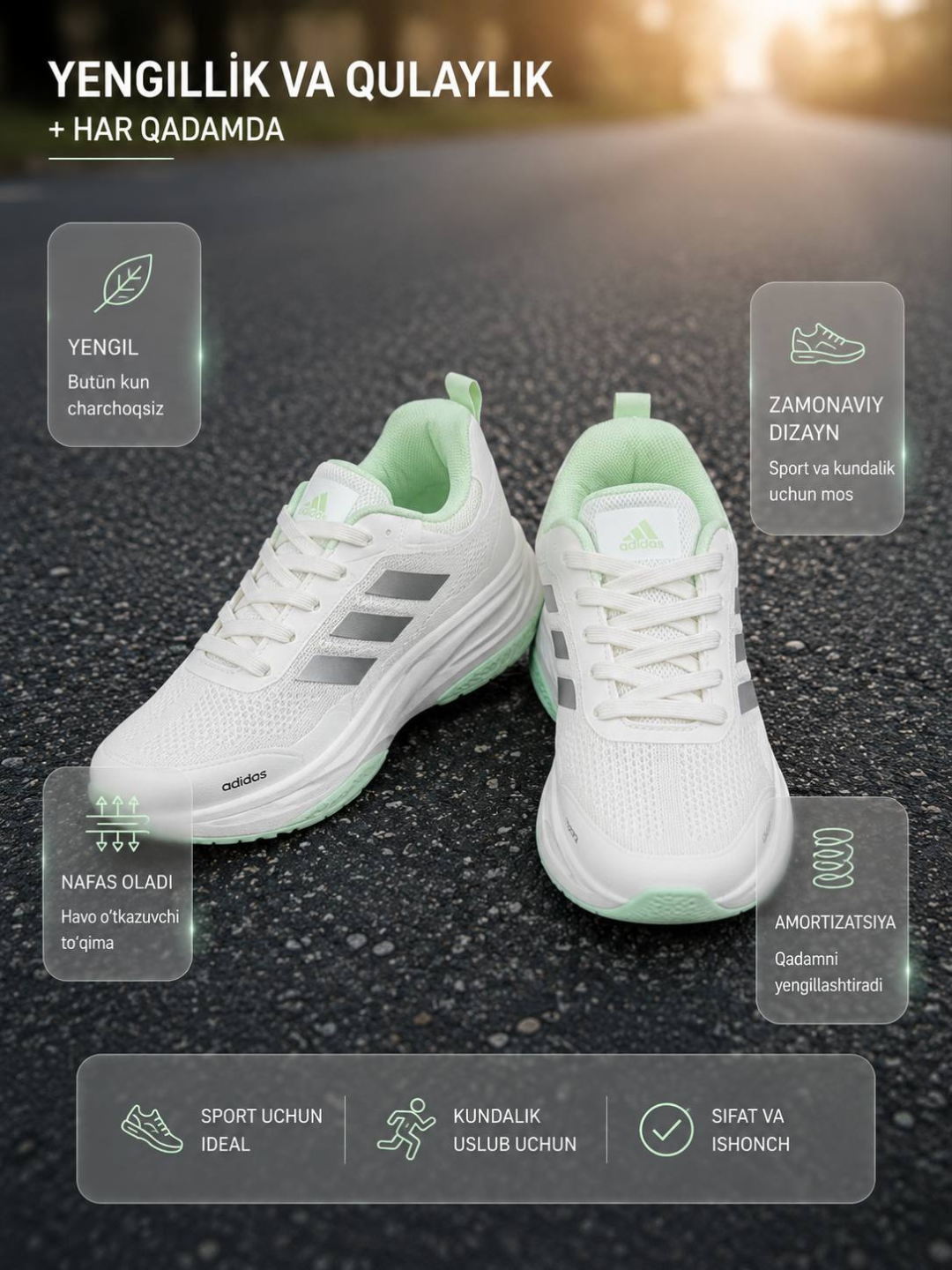 Adidas uslubidagi krossovka, yengil sport poyabzali, o'lcham 36–40 - 