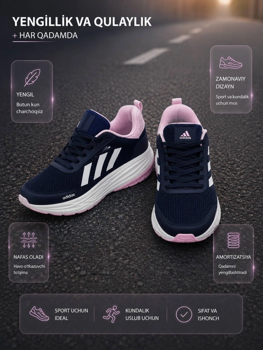 Adidas uslubidagi krossovka, yengil sport poyabzali, o'lcham 36–40 - 