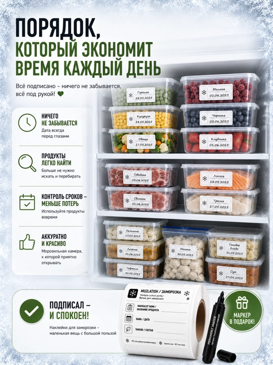 Наклейки для заморозки и консервации 100 шт 60×40 мм, маркер в подарок
