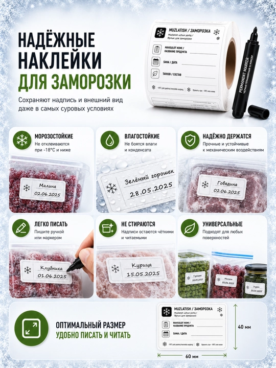 Наклейки для заморозки и консервации 100 шт 60×40 мм, маркер в подарок