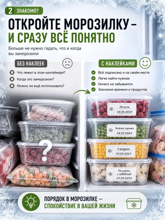 Наклейки для заморозки и консервации 100 шт 60×40 мм, маркер в подарок