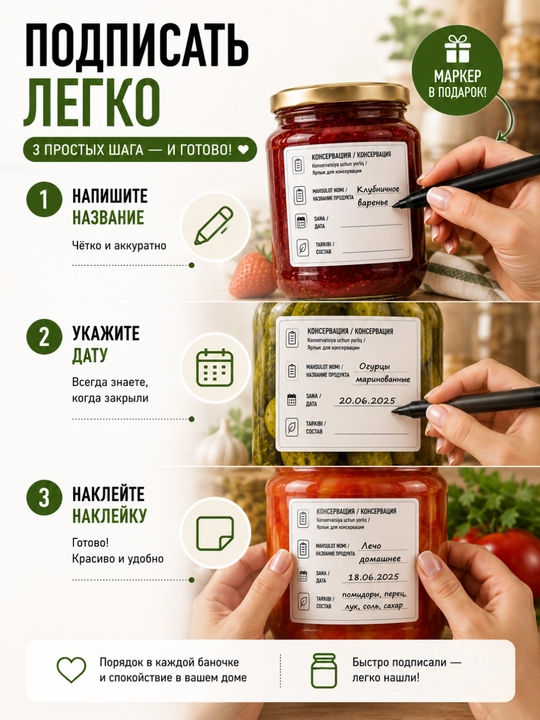 Наклейки для заморозки и консервации 100 шт 60×40 мм, маркер в подарок