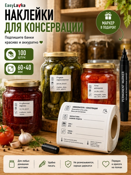 Muzlatish va konservatsiya uchun yorliqlar 100 dona 60×40 mm, marker sovg‘a - 