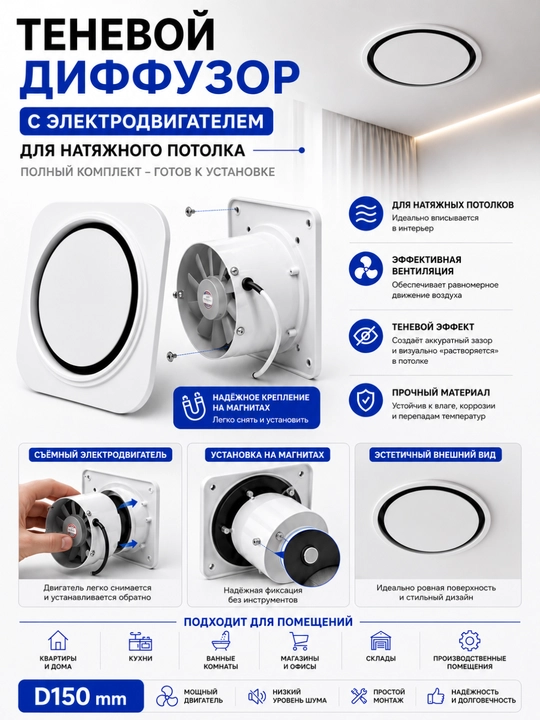 Soya diffuzori D150 tarang va gipsokarton shiftlar uchun, dvigatelli/dvigatelsiz - 