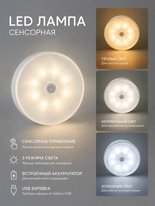LED ночник с магнитным креплением , USB кабели, теплый и холодный свет