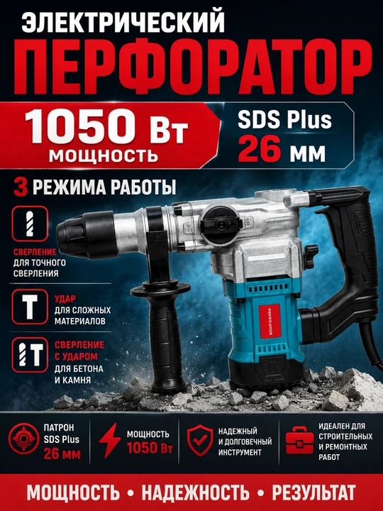 Электрический перфоратор 1050 Вт SDS Plus 26 мм с 3 режимами работы - 