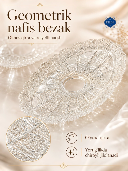 Xrustal pechenitsa, oval shisha lagan, konfet, pechenye, yong‘oq va shirinliklar uchun uy - 