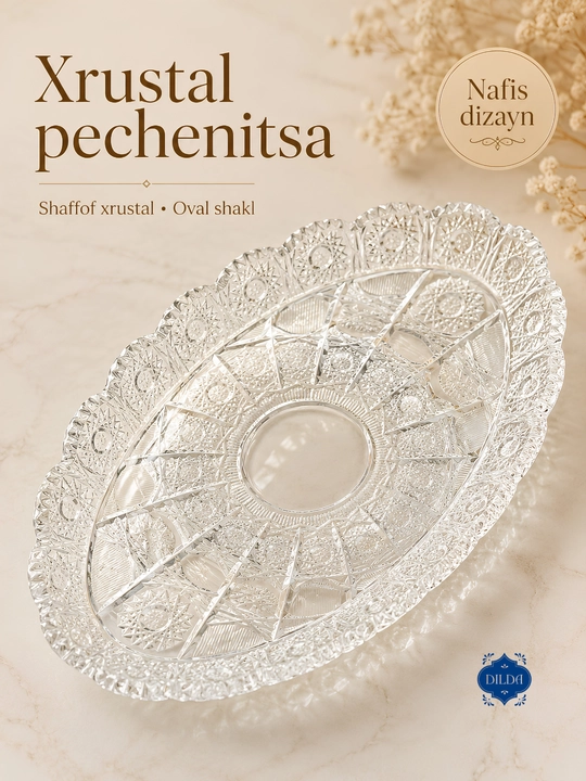 Xrustal pechenitsa, oval shisha lagan, konfet, pechenye, yong‘oq va shirinliklar uchun uy