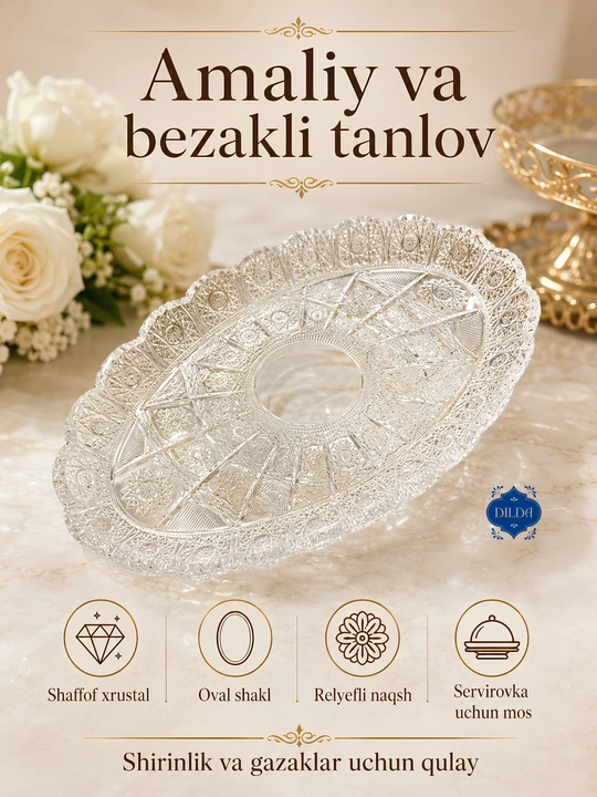 Xrustal pechenitsa, oval shisha lagan, konfet, pechenye, yong‘oq va shirinliklar uchun uy