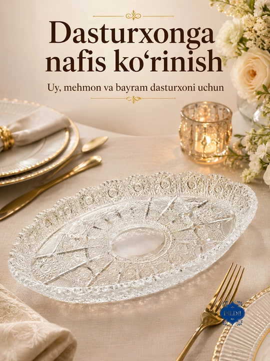 Xrustal pechenitsa, oval shisha lagan, konfet, pechenye, yong‘oq va shirinliklar uchun uy